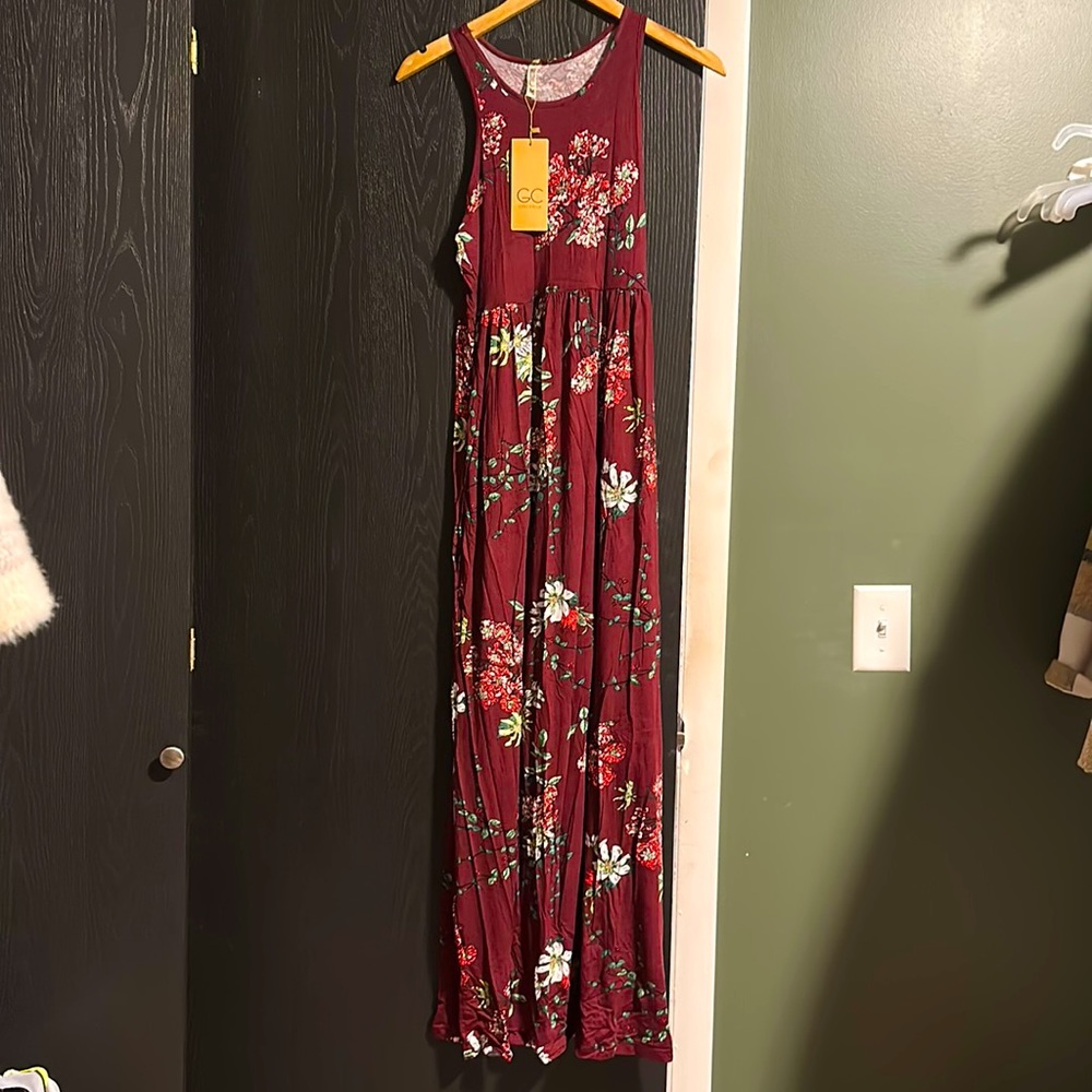 Wine Red Floral Maxi Dress- Medium